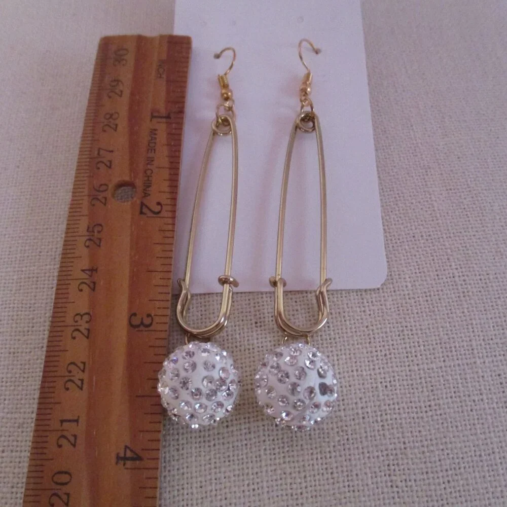 Pin Hook Earrings White Pave Balls GOLDTONE Free Gift Box